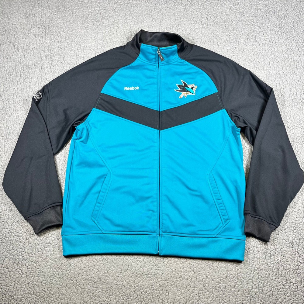 Reebok San Jose Sharks NHL Center Ice Track Jacket Mens Large Teal Black 5655A